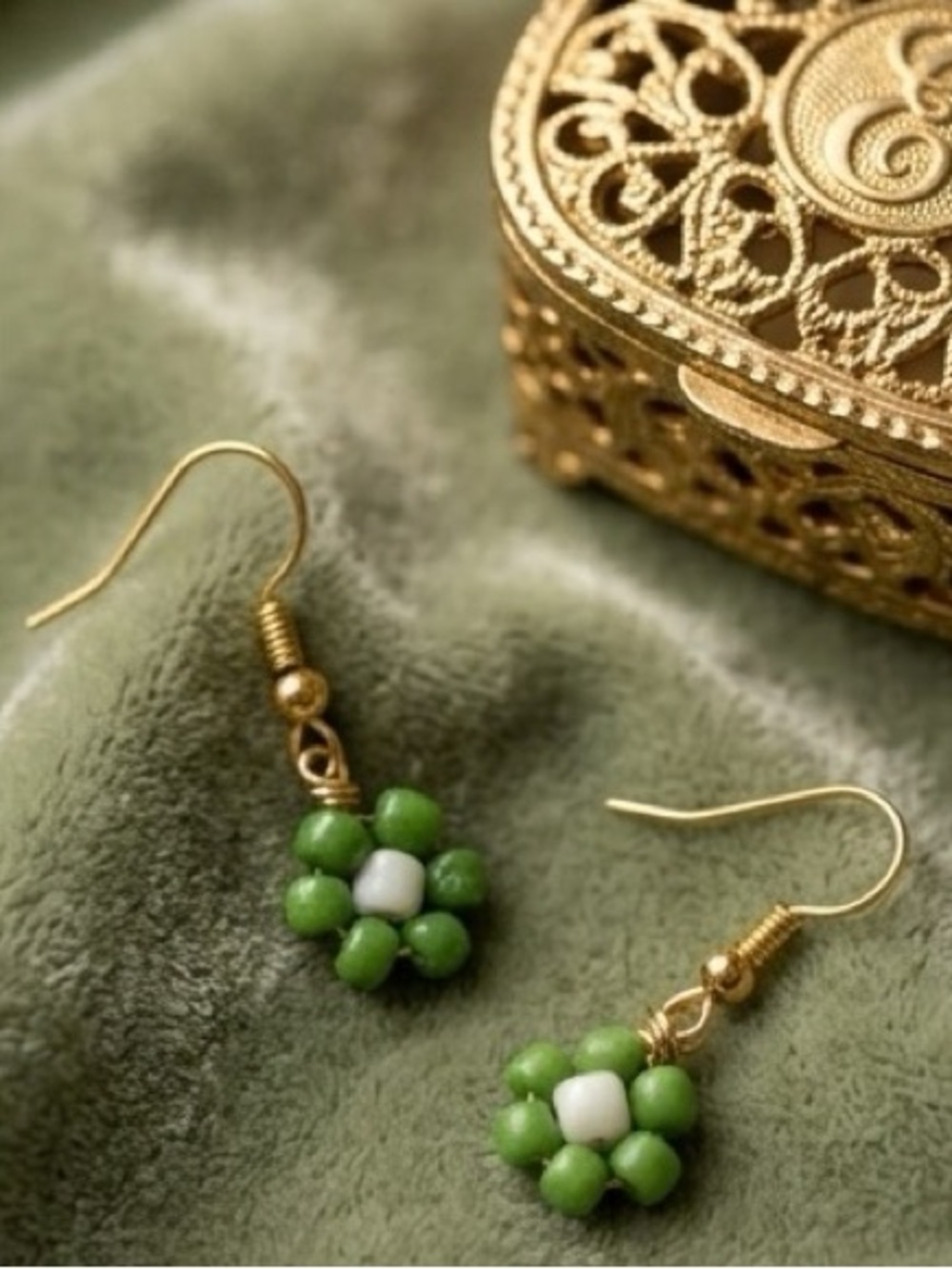 Green Beaded Earrings - Gold Plated Hooks - Picture 5 of 5